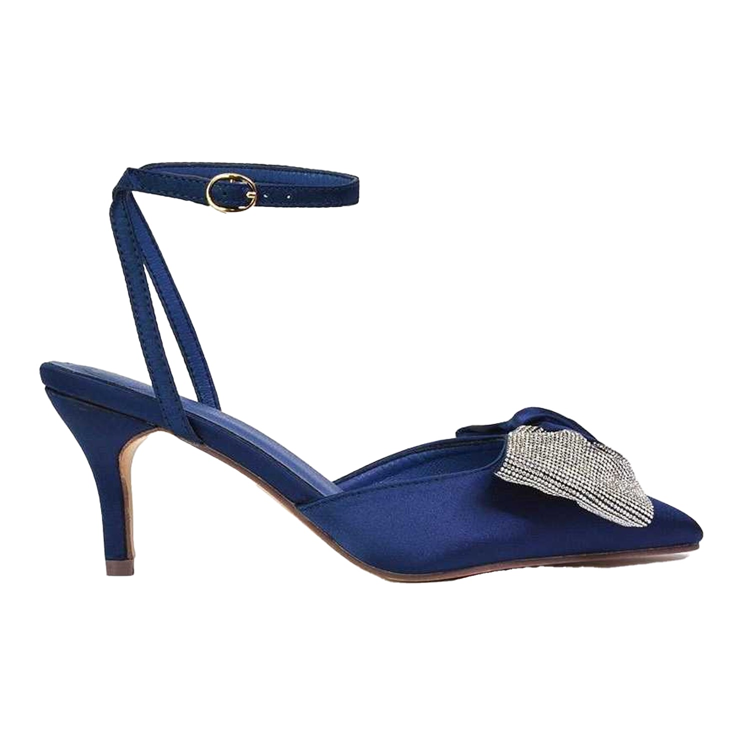 Navy - Side - XY London Womens-Ladies Solene Bow Diamante Court Shoes