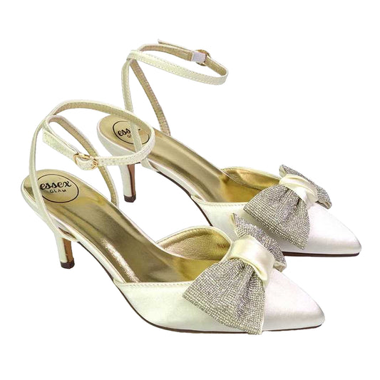 Ivory - Front - XY London Womens-Ladies Solene Bow Diamante Court Shoes