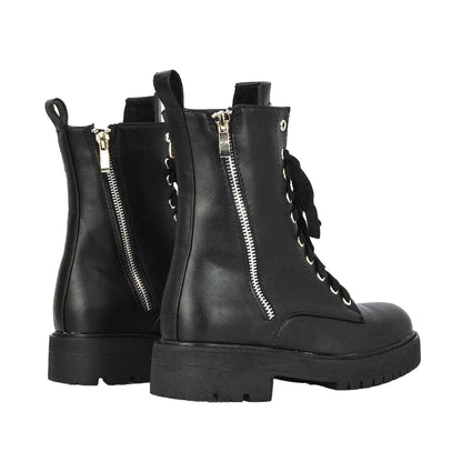Black - Back - XY London Womens-Ladies Bianca Military Chunky Flat Combat Boots