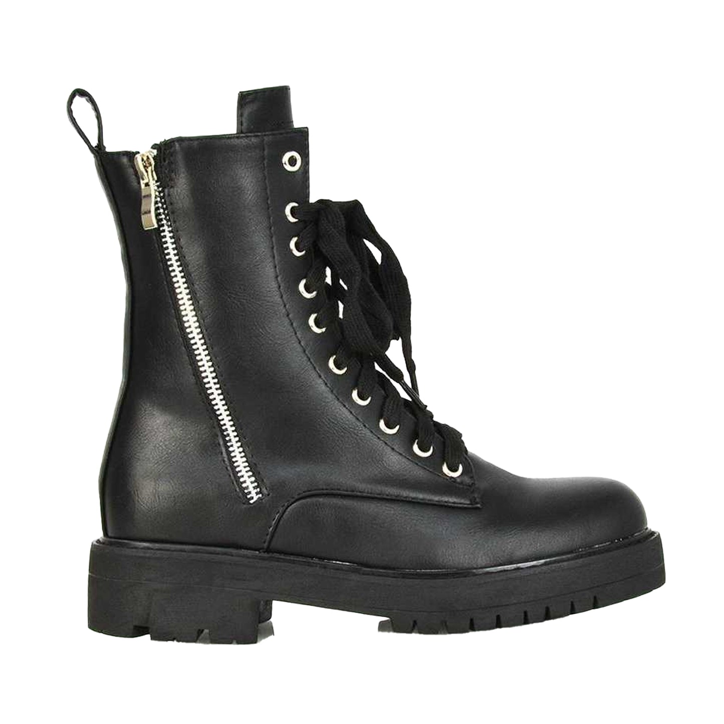 Black - Side - XY London Womens-Ladies Bianca Military Chunky Flat Combat Boots