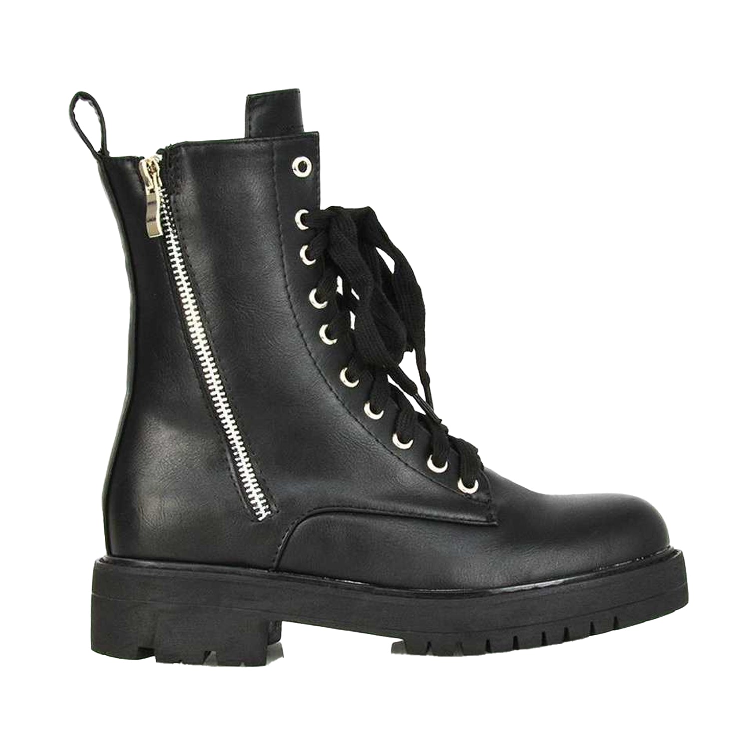 Black - Side - XY London Womens-Ladies Bianca Military Chunky Flat Combat Boots