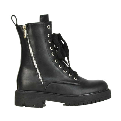 Black - Side - XY London Womens-Ladies Bianca Military Chunky Flat Combat Boots
