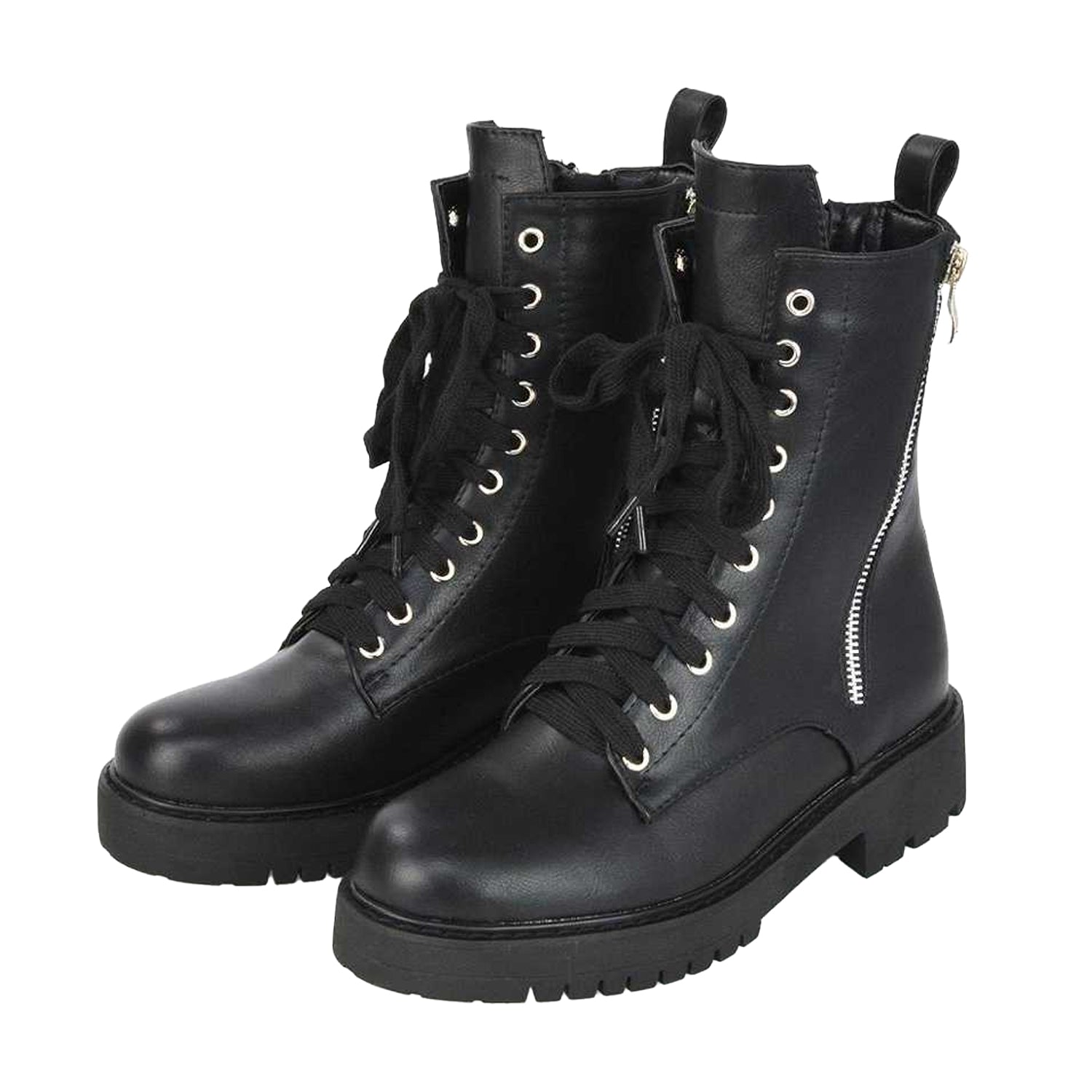 Black - Pack Shot - XY London Womens-Ladies Bianca Military Chunky Flat Combat Boots