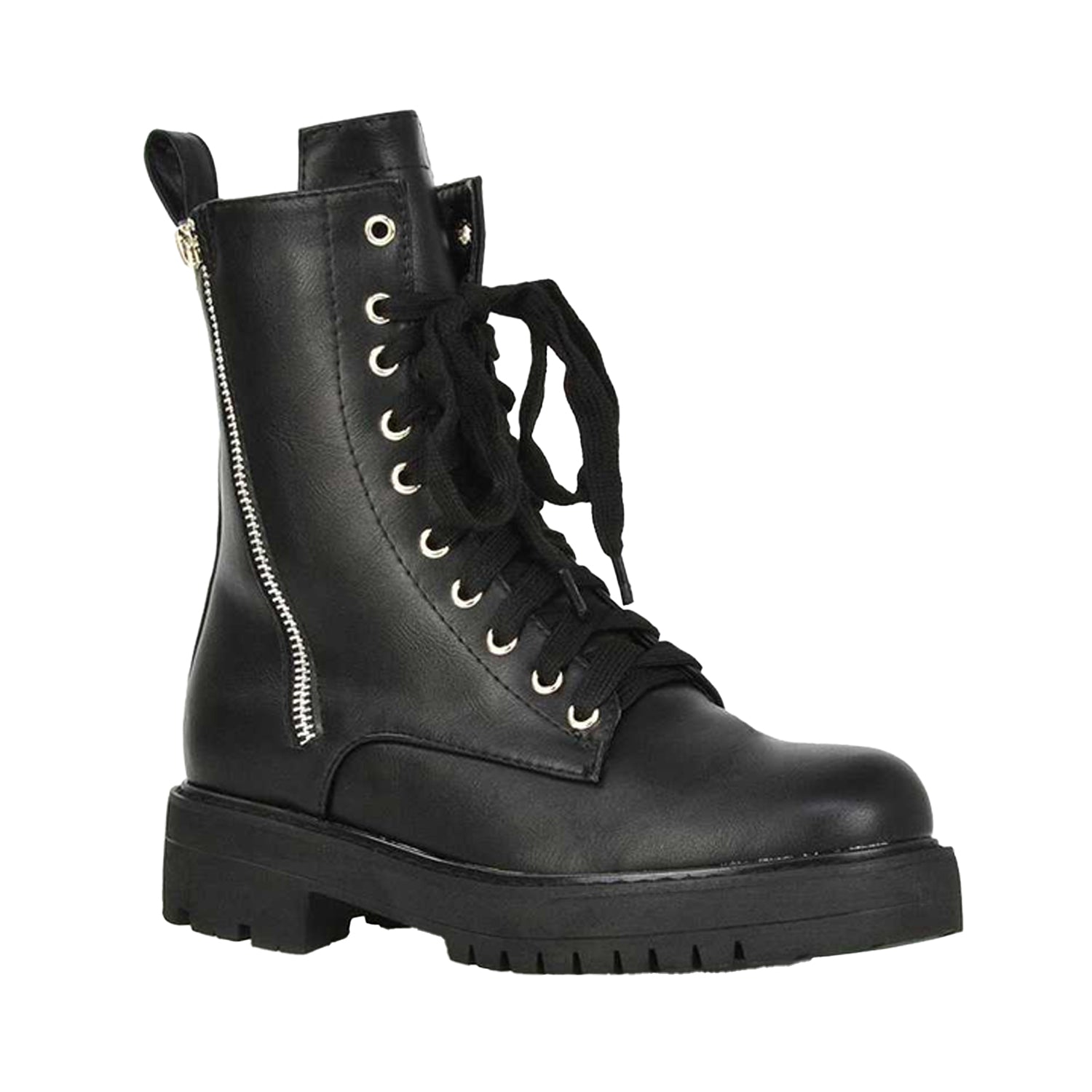 Black - Front - XY London Womens-Ladies Bianca Military Chunky Flat Combat Boots