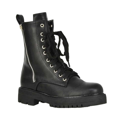 Black - Front - XY London Womens-Ladies Bianca Military Chunky Flat Combat Boots