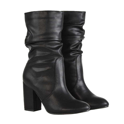 Black - Side - XY London Womens-Ladies Belle Ruched Mid Calf Boots