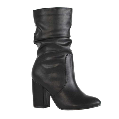 Black - Front - XY London Womens-Ladies Belle Ruched Mid Calf Boots
