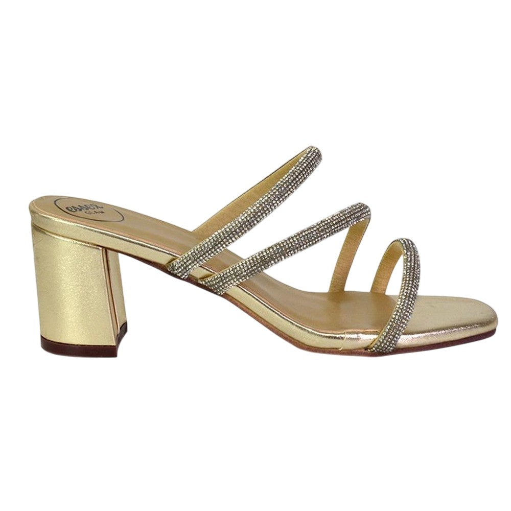 Metallic Gold - Side - XY London Womens-Ladies Mckenna Diamante Strappy Block Heel Mules