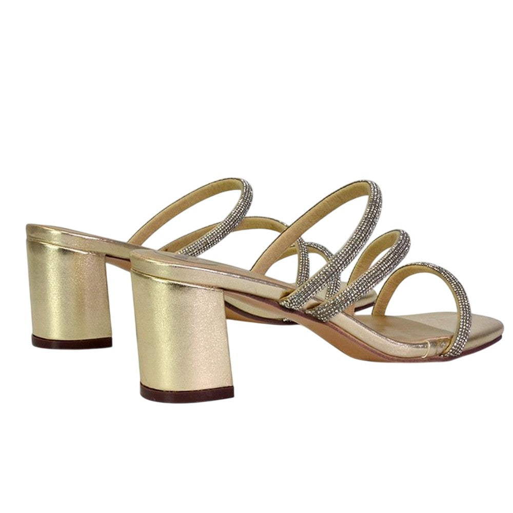 Metallic Gold - Back - XY London Womens-Ladies Mckenna Diamante Strappy Block Heel Mules