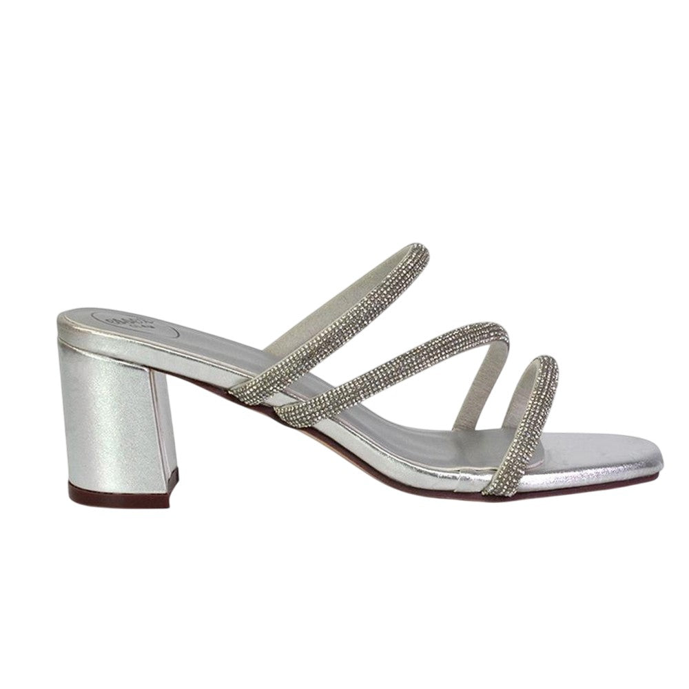 Metallic Silver - Side - XY London Womens-Ladies Mckenna Diamante Strappy Block Heel Mules