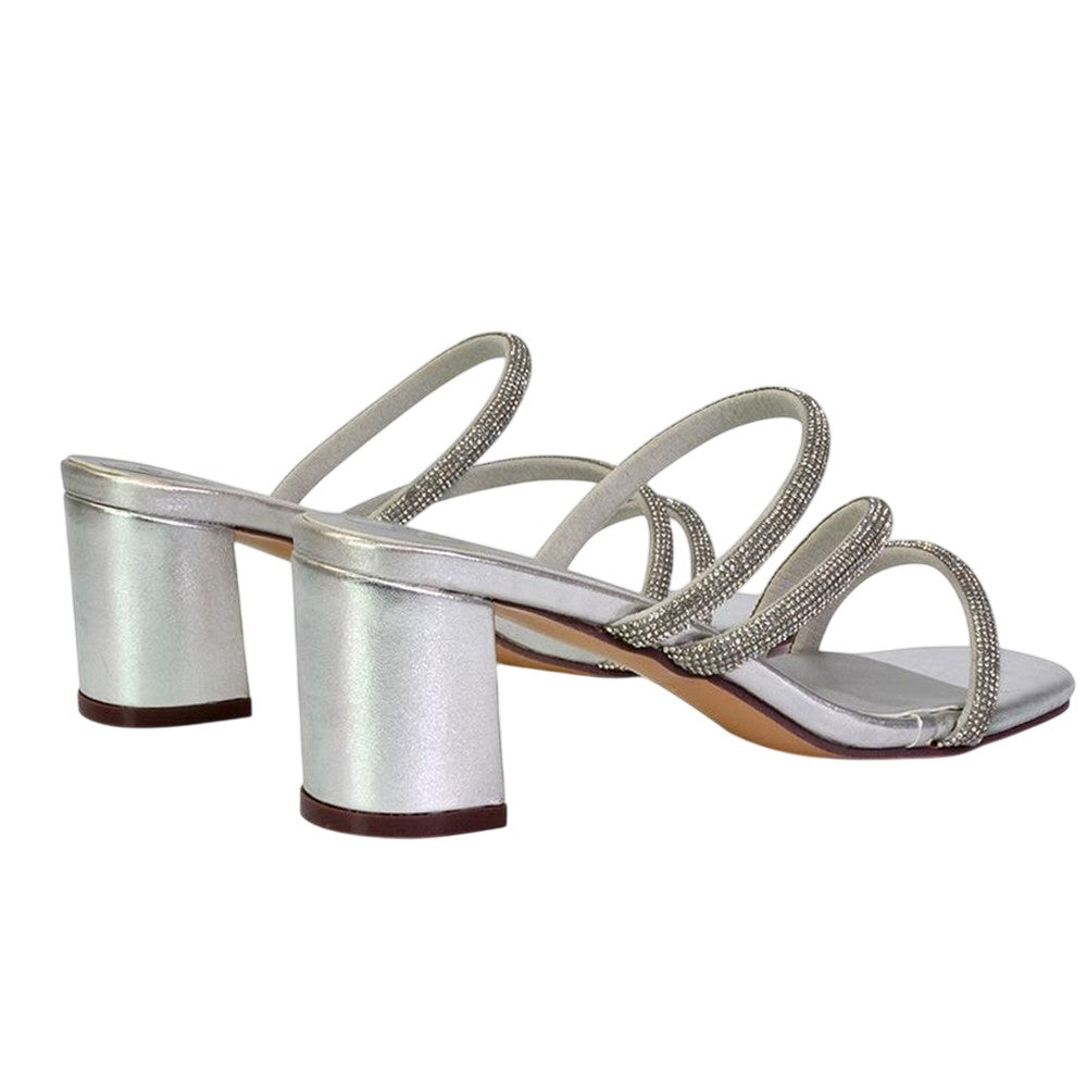 Metallic Silver - Back - XY London Womens-Ladies Mckenna Diamante Strappy Block Heel Mules