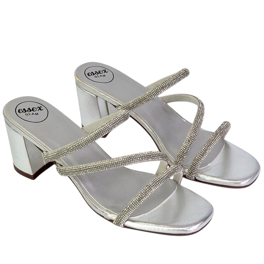 Metallic Silver - Front - XY London Womens-Ladies Mckenna Diamante Strappy Block Heel Mules