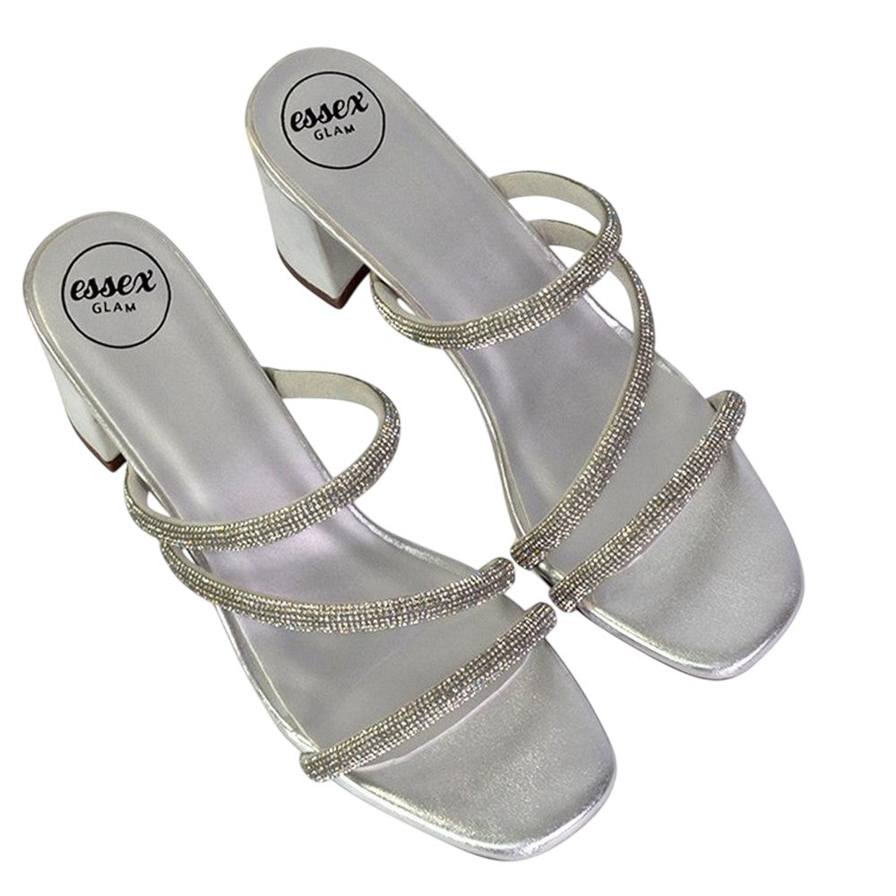 Metallic Silver - Lifestyle - XY London Womens-Ladies Mckenna Diamante Strappy Block Heel Mules