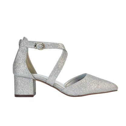 Silver - Side - XY London Womens-Ladies Cynthia Pointed Medium Block Heel Court Shoes