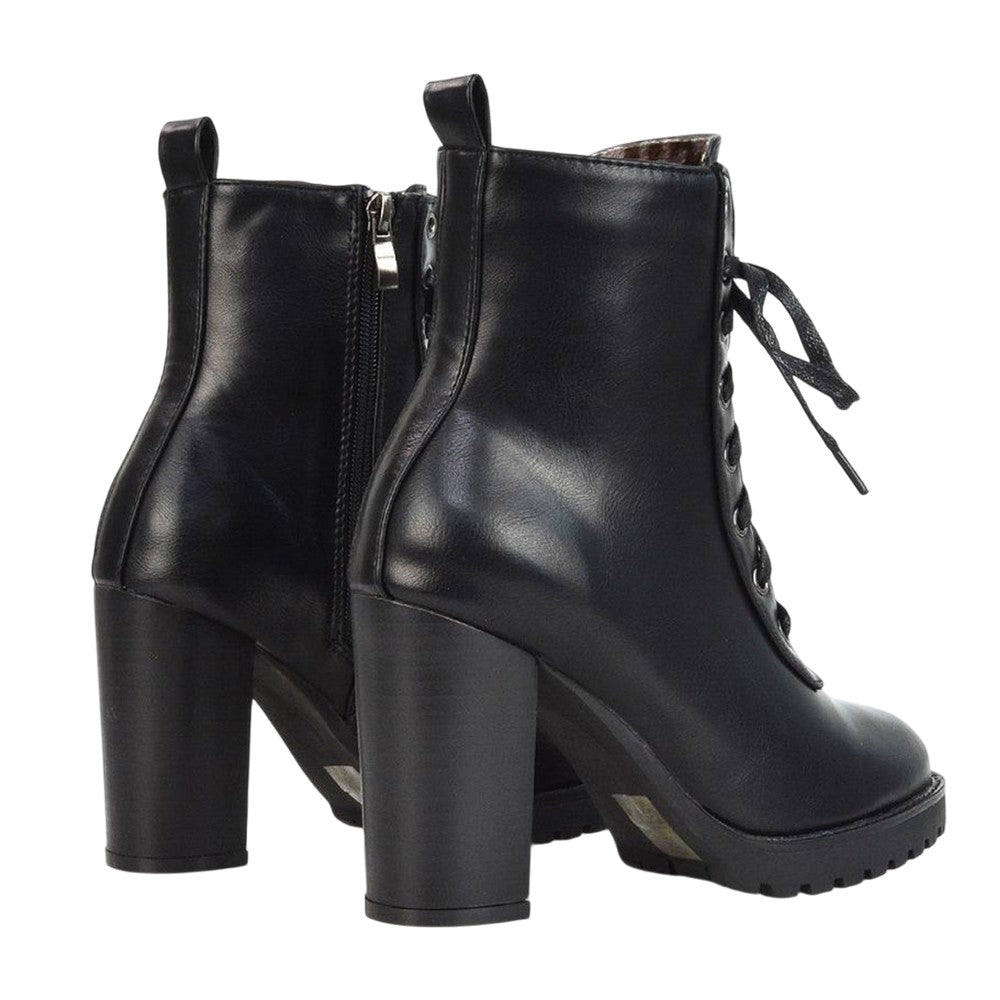 Black - Back - XY London Womens-Ladies Ariel Zip High Block Heel Biker Boots