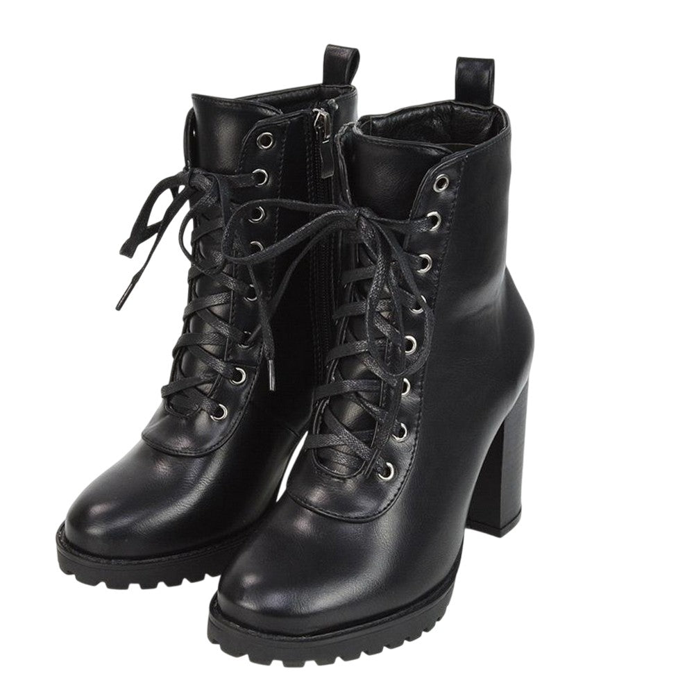 Black - Front - XY London Womens-Ladies Ariel Zip High Block Heel Biker Boots