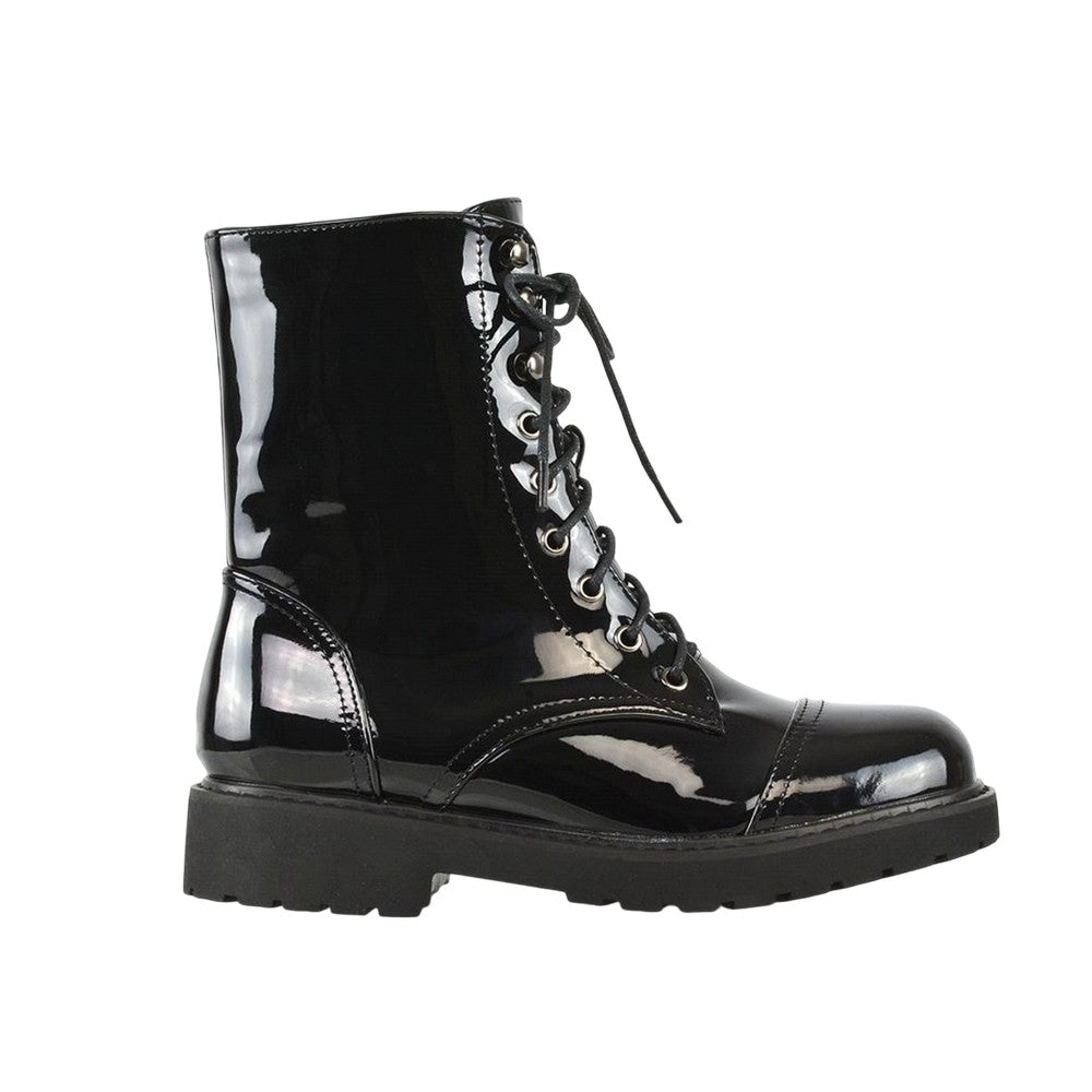 True Black - Side - XY London Womens-Ladies Patent Lace Up Military Combat Boots