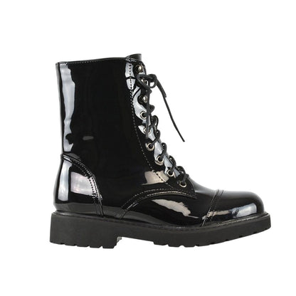 True Black - Side - XY London Womens-Ladies Patent Lace Up Military Combat Boots