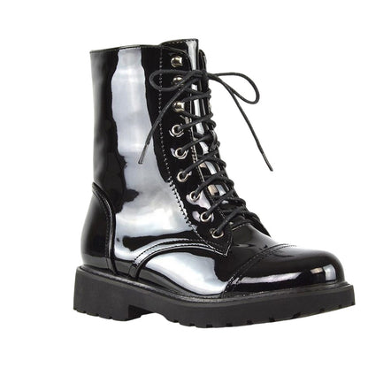True Black - Lifestyle - XY London Womens-Ladies Patent Lace Up Military Combat Boots