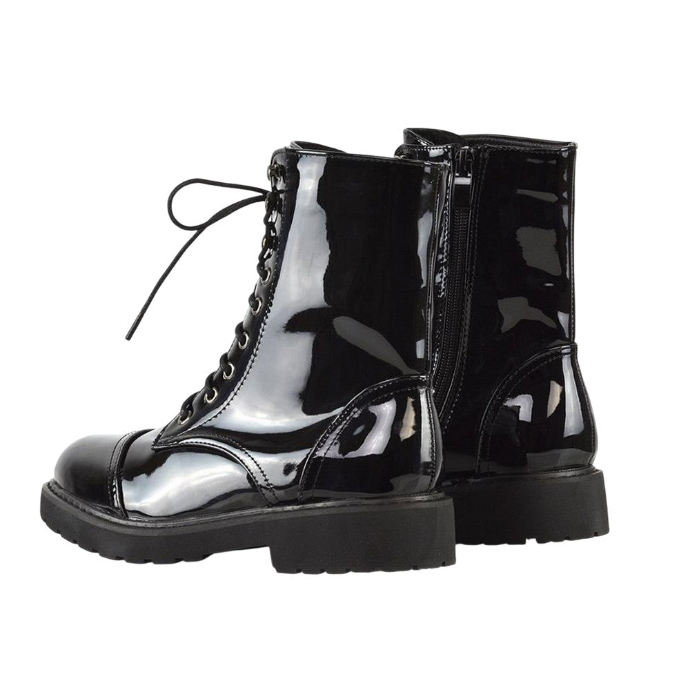 True Black - Back - XY London Womens-Ladies Patent Lace Up Military Combat Boots