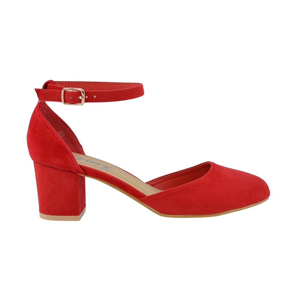 Red - Side - XY London Womens-Ladies Billie-May Chunky Strappy Mid Block Heel Court Shoes