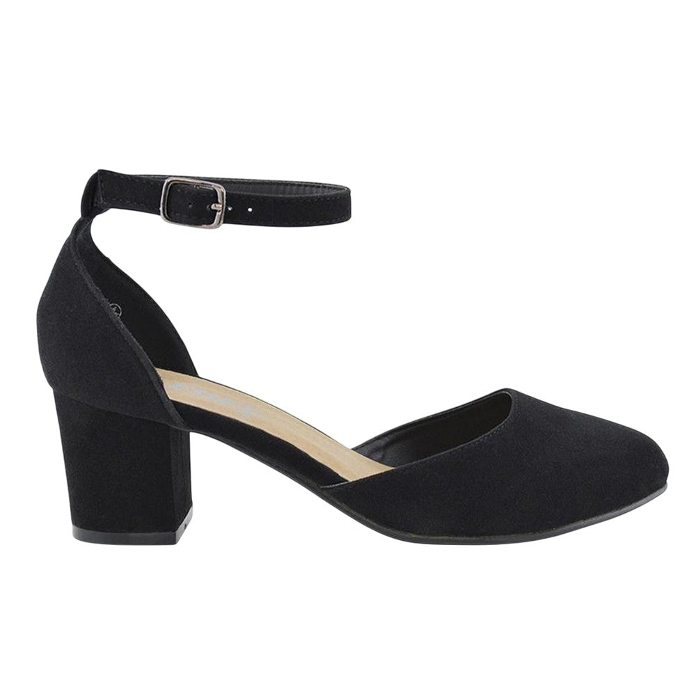 Jet Black - Side - XY London Womens-Ladies Billie-May Chunky Strappy Mid Block Heel Court Shoes