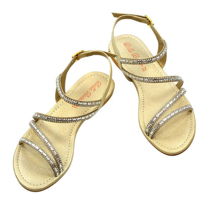 Gold - Side - XY London Womens-Ladies Mercedes Diamante Strappy Flat Sandals