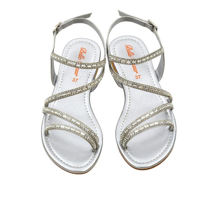 Silver - Side - XY London Womens-Ladies Mercedes Diamante Strappy Flat Sandals