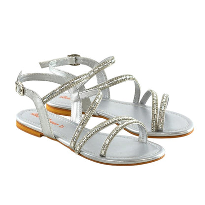 Silver - Front - XY London Womens-Ladies Mercedes Diamante Strappy Flat Sandals
