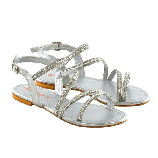Silver - Front - XY London Womens-Ladies Mercedes Diamante Strappy Flat Sandals