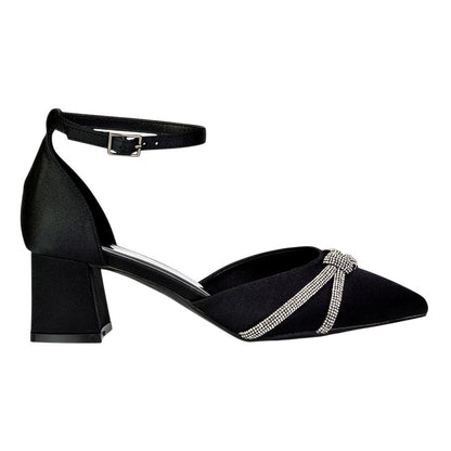 Black - Back - XY London Womens-Ladies Sarah Diamante Pointed Mid Block Heel Court Shoes