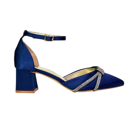 Navy - Front - XY London Womens-Ladies Sarah Diamante Pointed Mid Block Heel Court Shoes