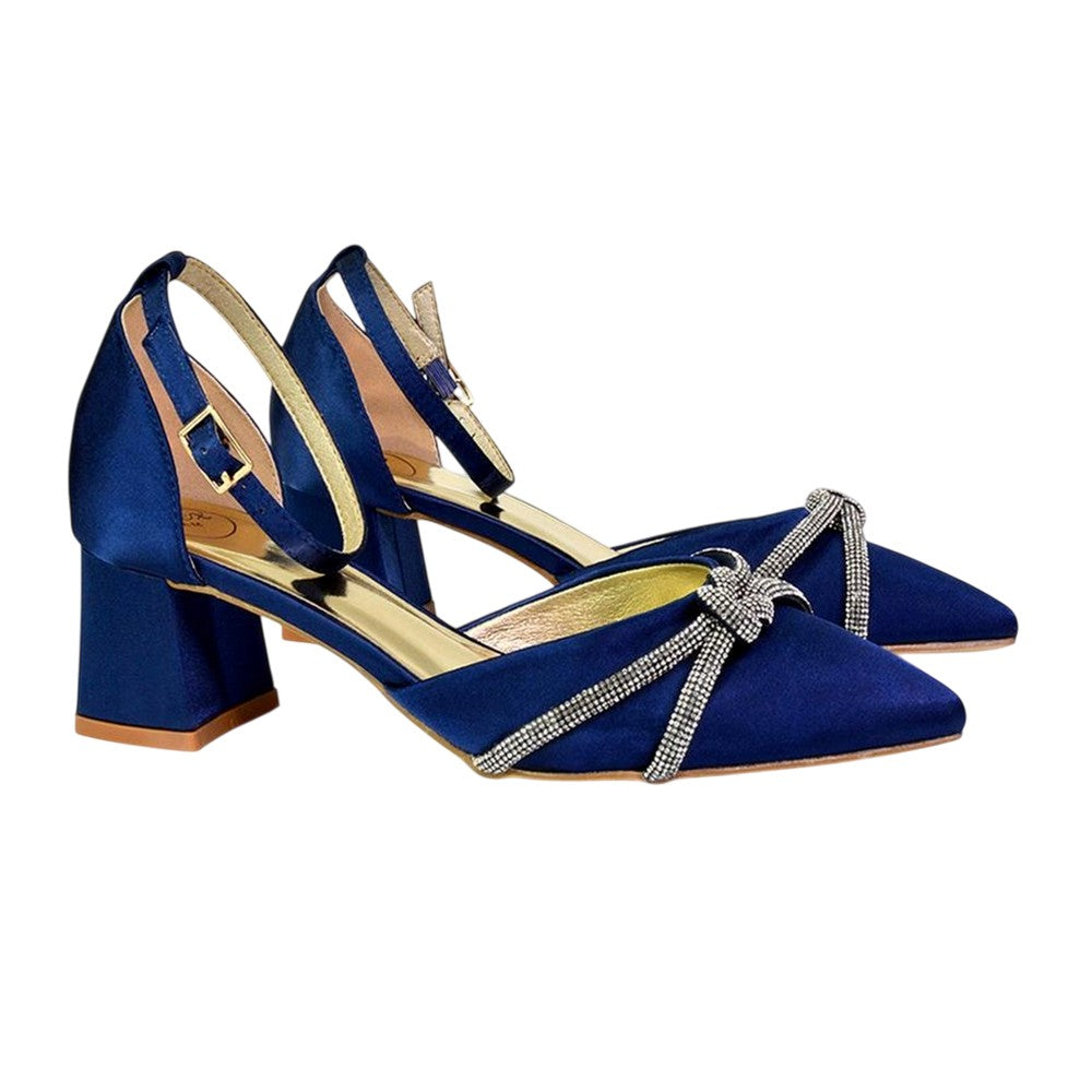 Navy - Back - XY London Womens-Ladies Sarah Diamante Pointed Mid Block Heel Court Shoes