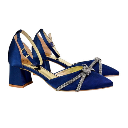 Navy - Back - XY London Womens-Ladies Sarah Diamante Pointed Mid Block Heel Court Shoes