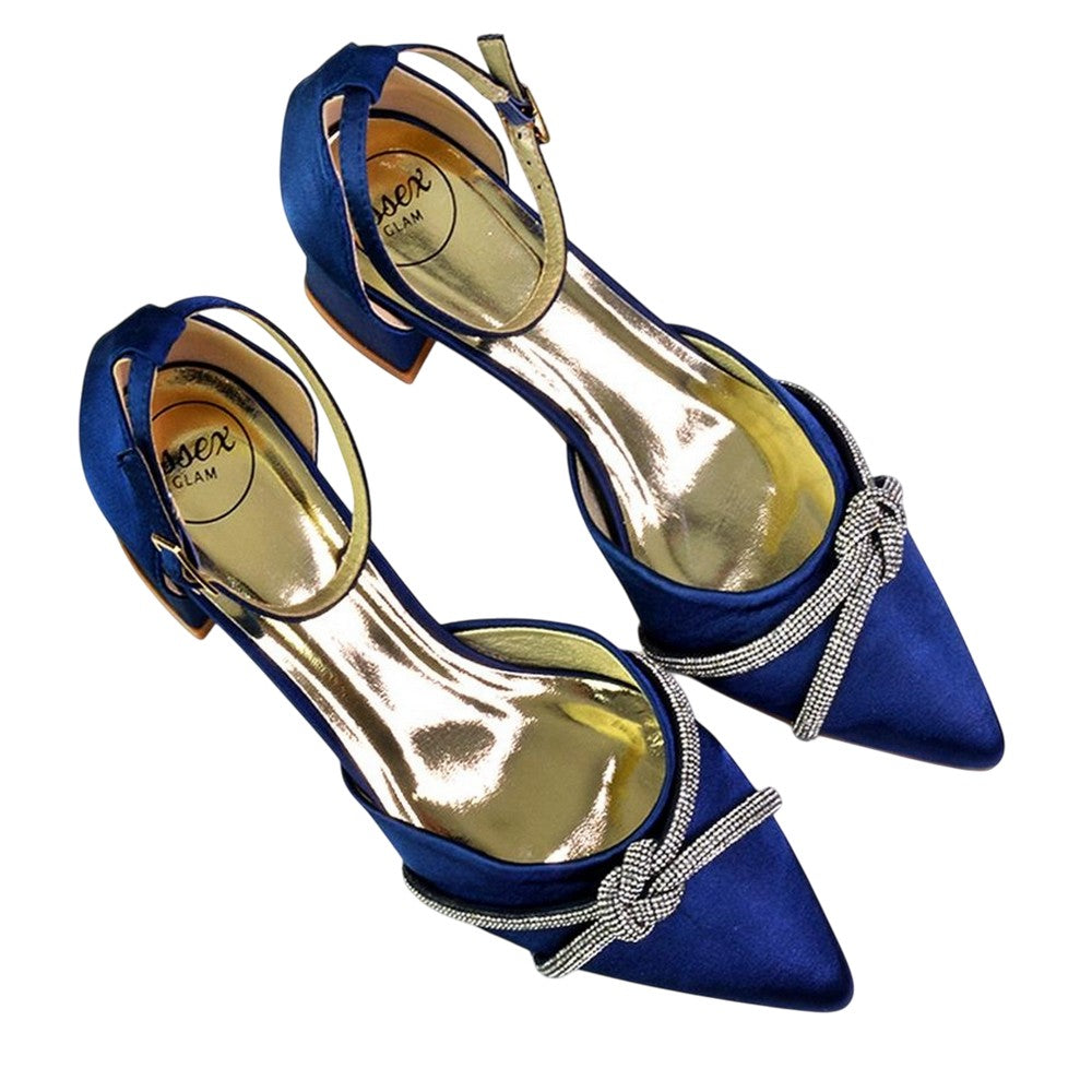 Navy - Side - XY London Womens-Ladies Sarah Diamante Pointed Mid Block Heel Court Shoes