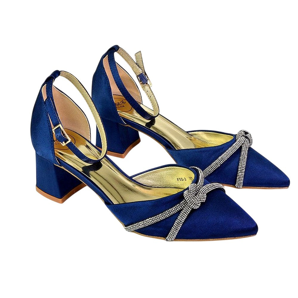 Navy - Lifestyle - XY London Womens-Ladies Sarah Diamante Pointed Mid Block Heel Court Shoes
