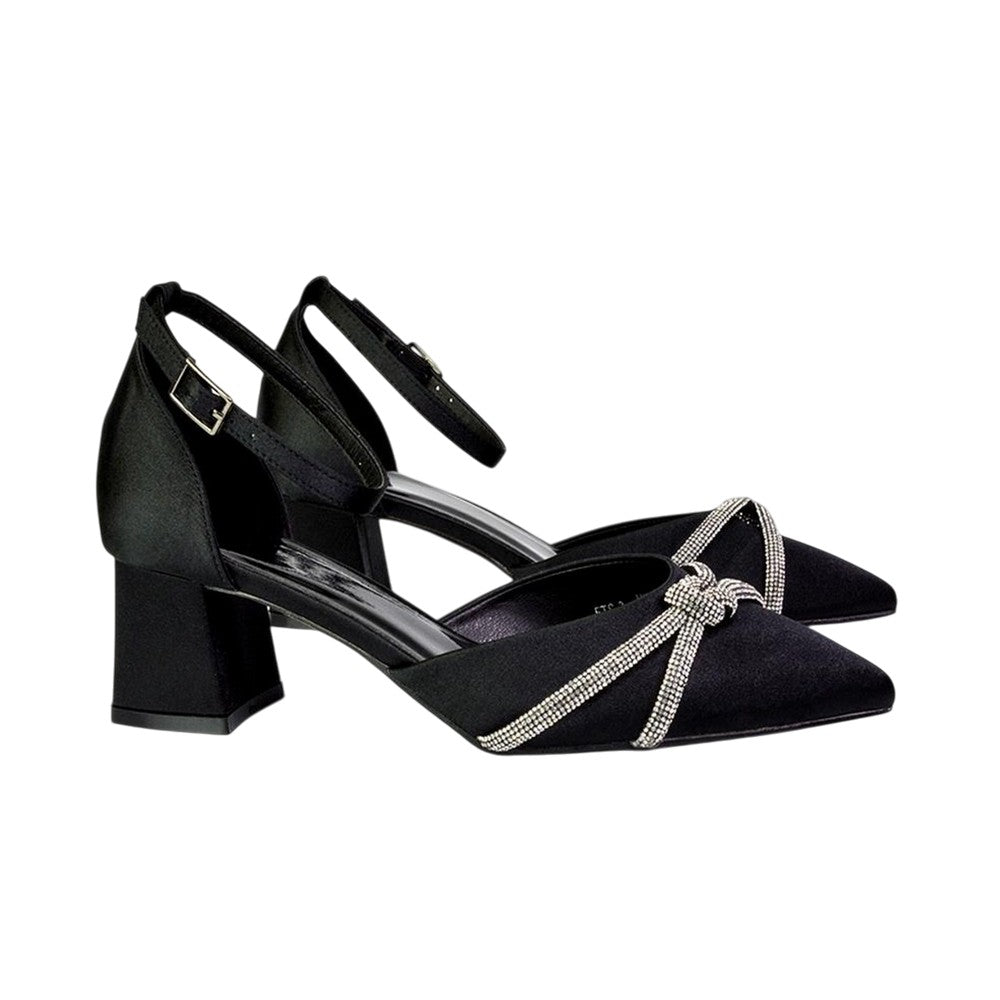 Black - Side - XY London Womens-Ladies Sarah Diamante Pointed Mid Block Heel Court Shoes