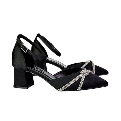Black - Side - XY London Womens-Ladies Sarah Diamante Pointed Mid Block Heel Court Shoes