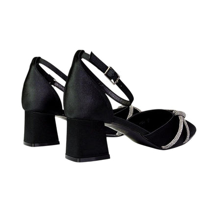 Black - Pack Shot - XY London Womens-Ladies Sarah Diamante Pointed Mid Block Heel Court Shoes