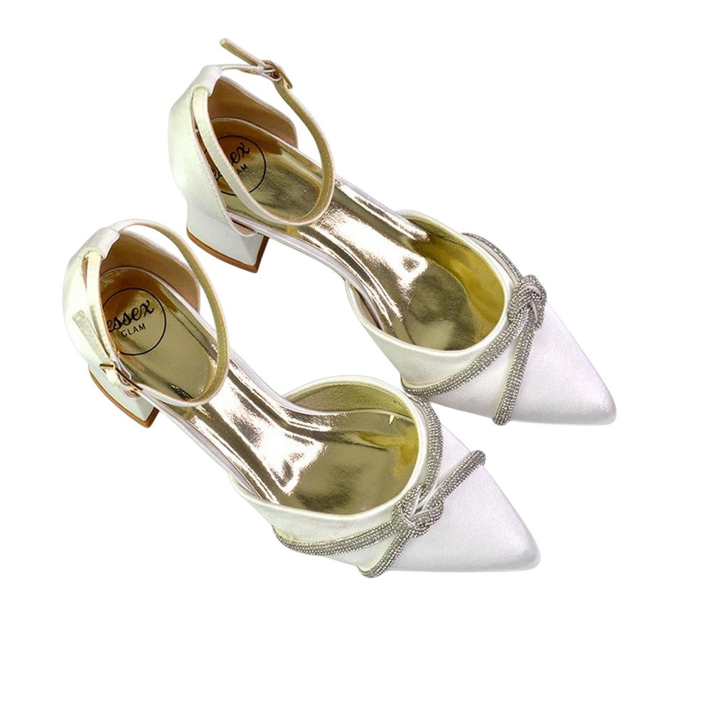 Ivory - Lifestyle - XY London Womens-Ladies Sarah Diamante Pointed Mid Block Heel Court Shoes