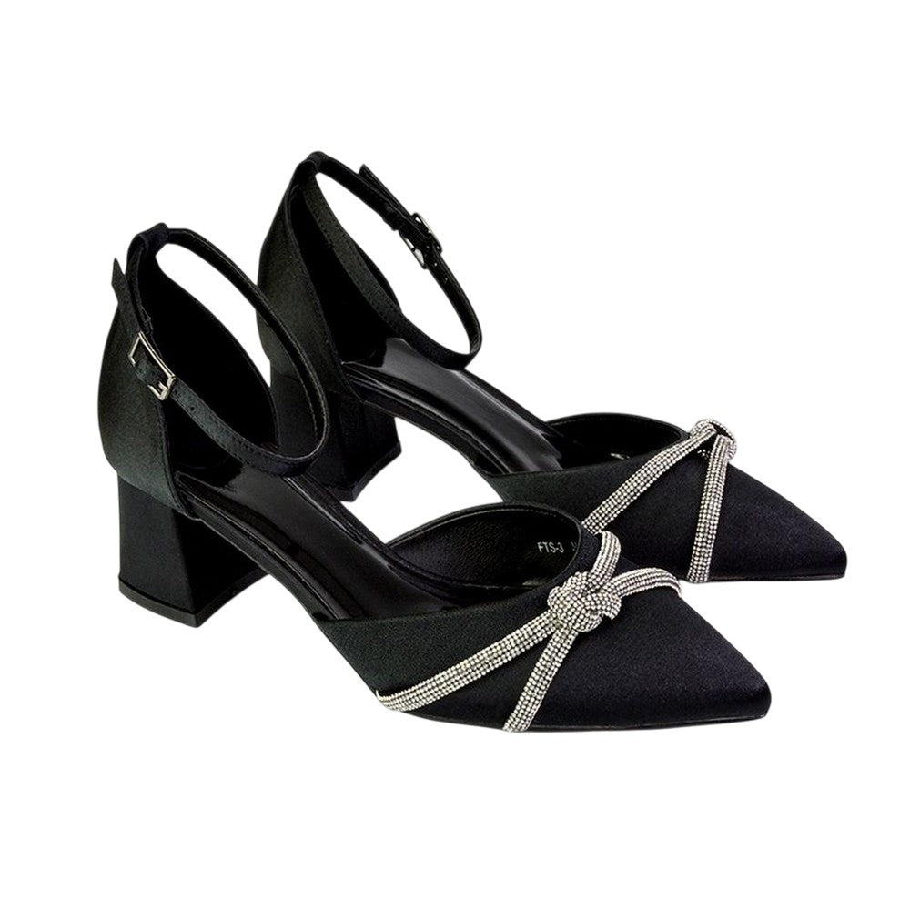 Black - Front - XY London Womens-Ladies Sarah Diamante Pointed Mid Block Heel Court Shoes
