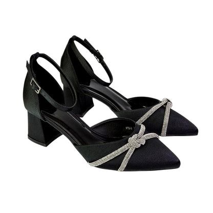 Black - Front - XY London Womens-Ladies Sarah Diamante Pointed Mid Block Heel Court Shoes