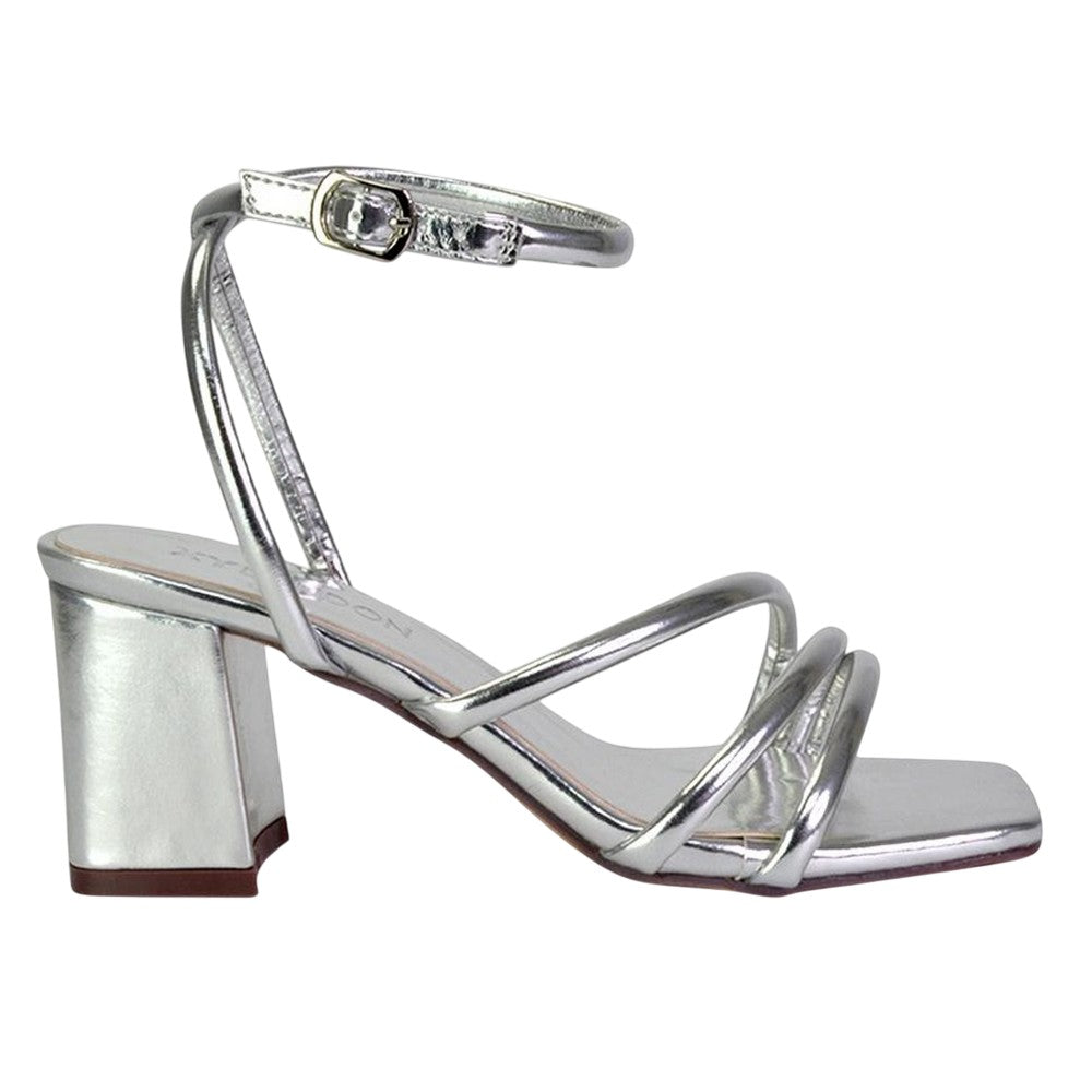 Silver - Side - XY London Womens-Ladies Trixie Strappy Metallic Square Toe Buckle Mid Block Heel Sandals