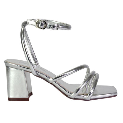 Silver - Side - XY London Womens-Ladies Trixie Strappy Metallic Square Toe Buckle Mid Block Heel Sandals