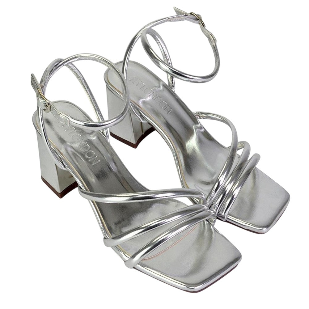 Silver - Pack Shot - XY London Womens-Ladies Trixie Strappy Metallic Square Toe Buckle Mid Block Heel Sandals
