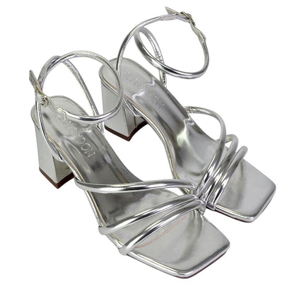 Silver - Pack Shot - XY London Womens-Ladies Trixie Strappy Metallic Square Toe Buckle Mid Block Heel Sandals