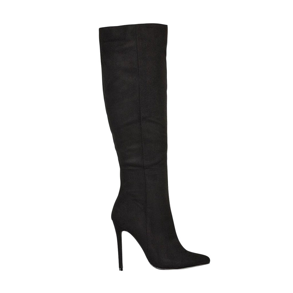 Jet Black - Side - XY London Womens-Ladies Nora Pointed Zipped High Stiletto Heel Knee-High Boots