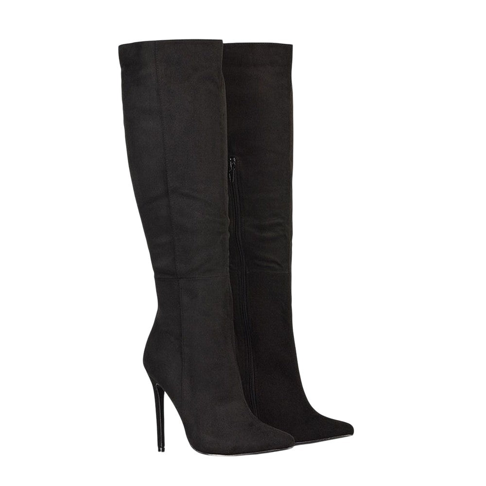 Jet Black - Front - XY London Womens-Ladies Nora Pointed Zipped High Stiletto Heel Knee-High Boots