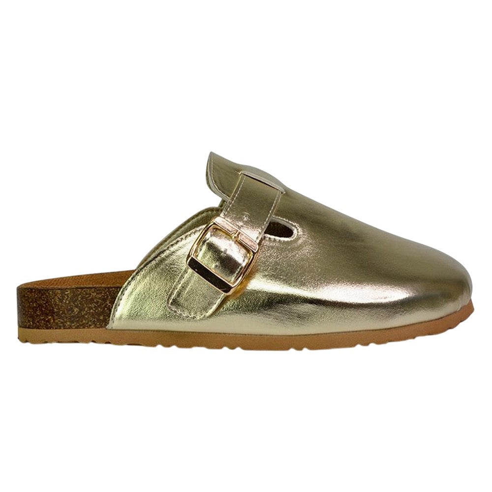Gold - Side - XY London Womens-Ladies Lucy Metallic Cork Slip-on Mules