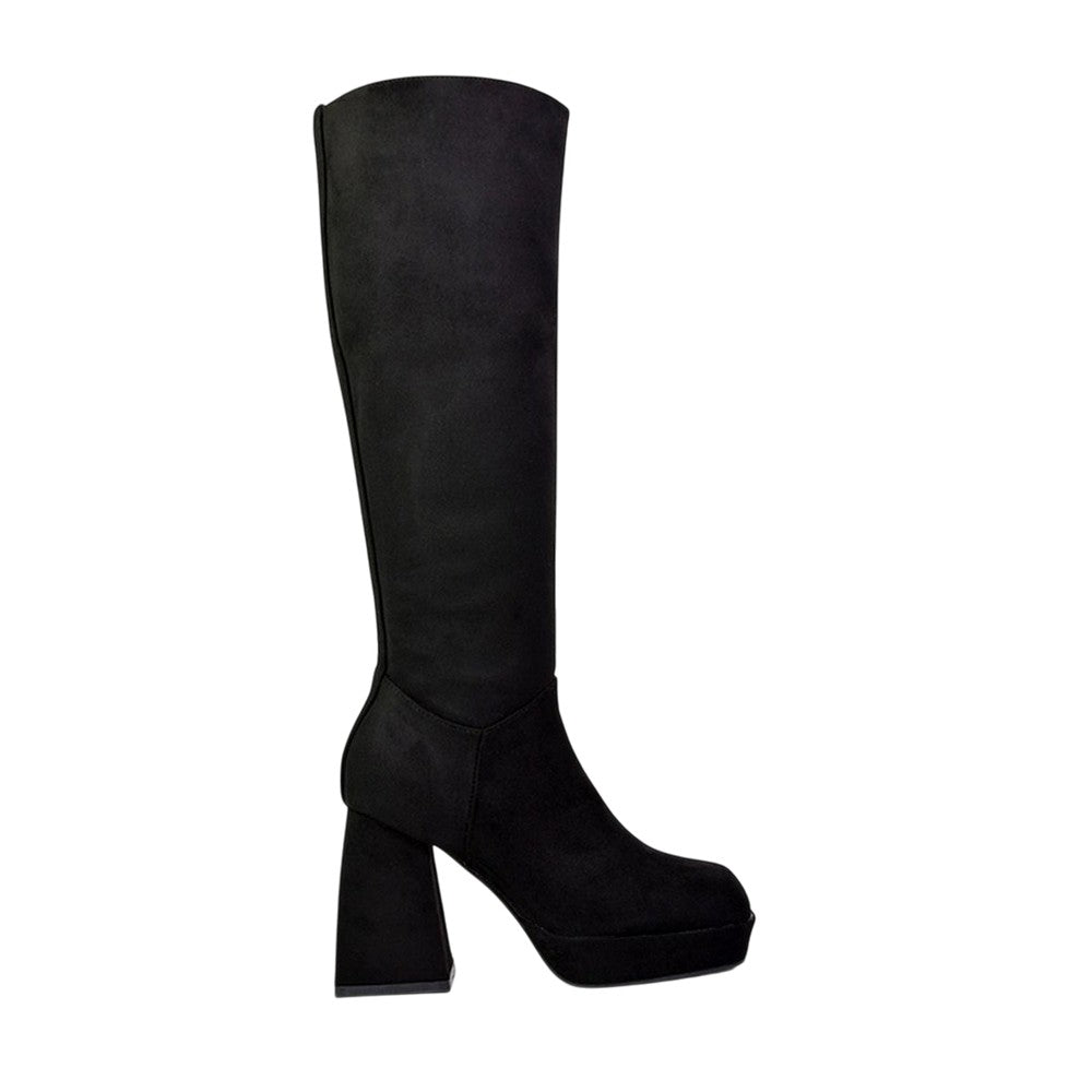 Jet Black - Side - XY London Womens-Ladies Wren Flare Block Knee-High Boots